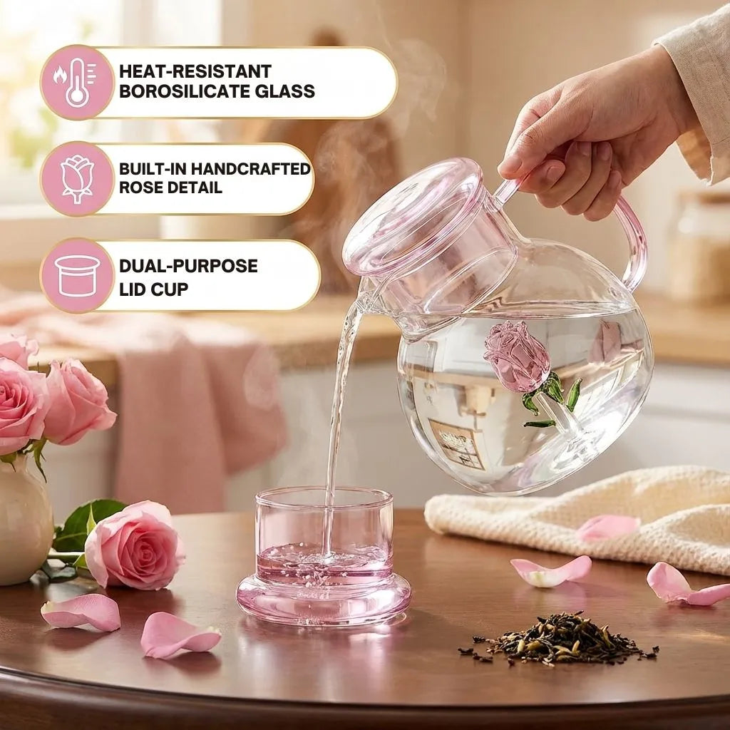 Rose Blossom Glass Teapot pouring tea, hand-crafted rose detail close-up
