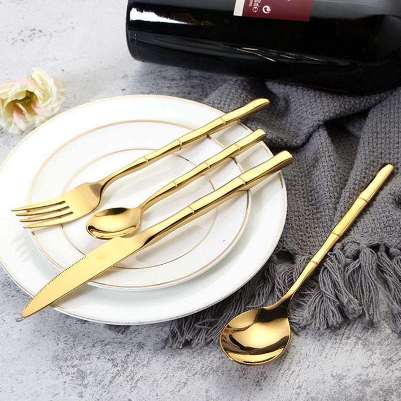 Bamboo Handle Cutlery Set full set flat lay