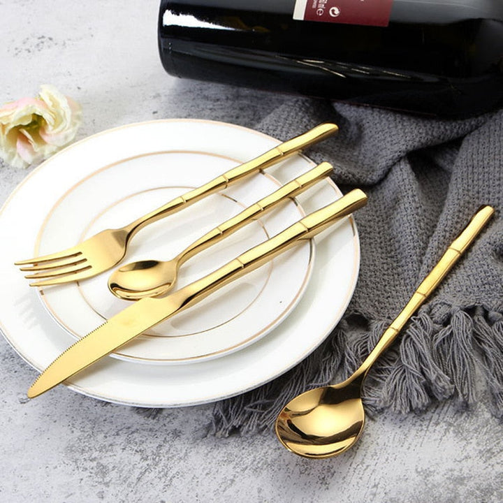 Bamboo Handle Cutlery Set full set flat lay