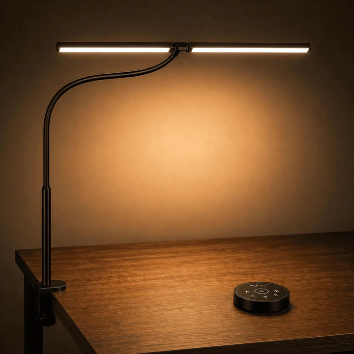 Black Dual-Head LED Desk Lamp on desk