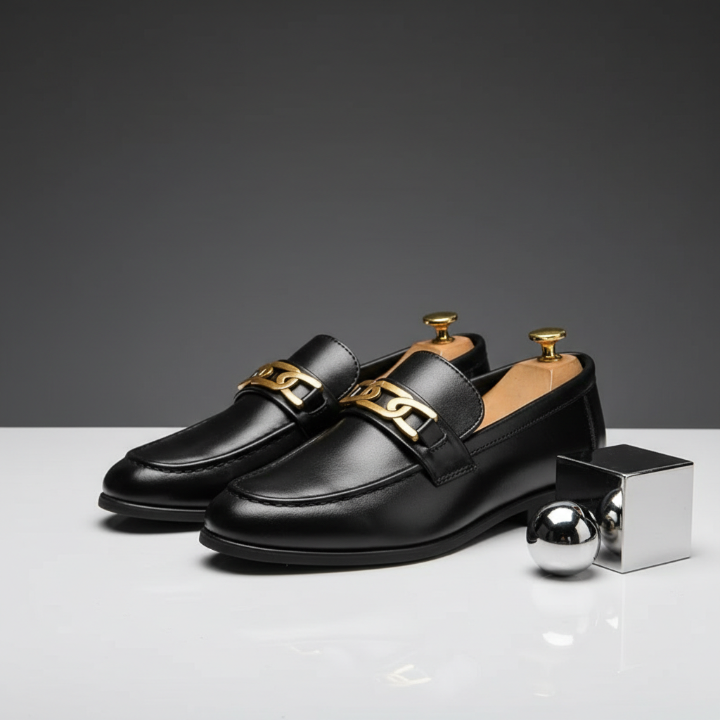 Black Genuine Leather Buckle Loafers