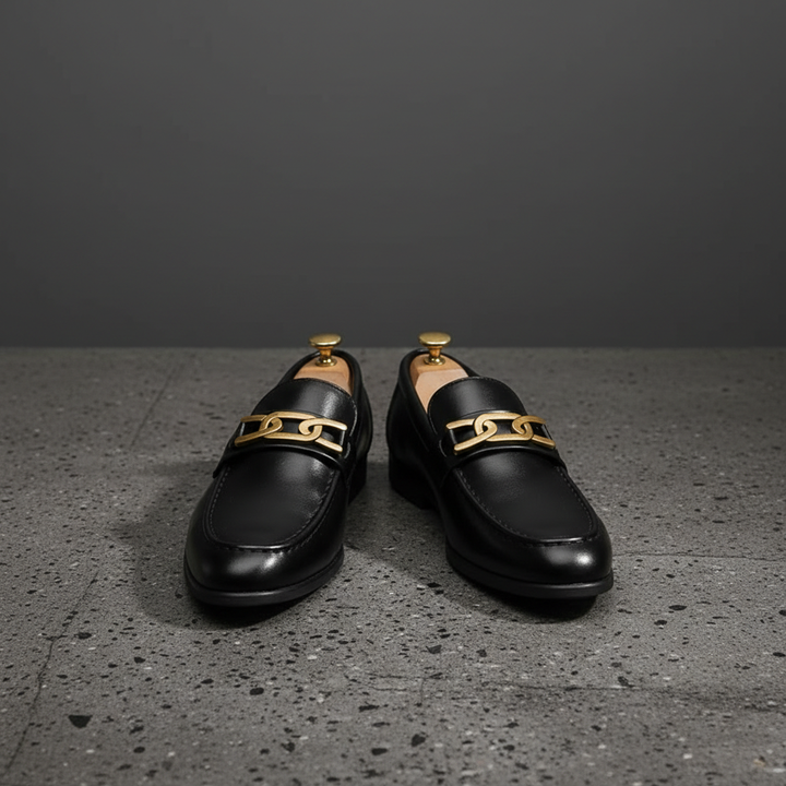 Black Genuine Leather Buckle Loafers