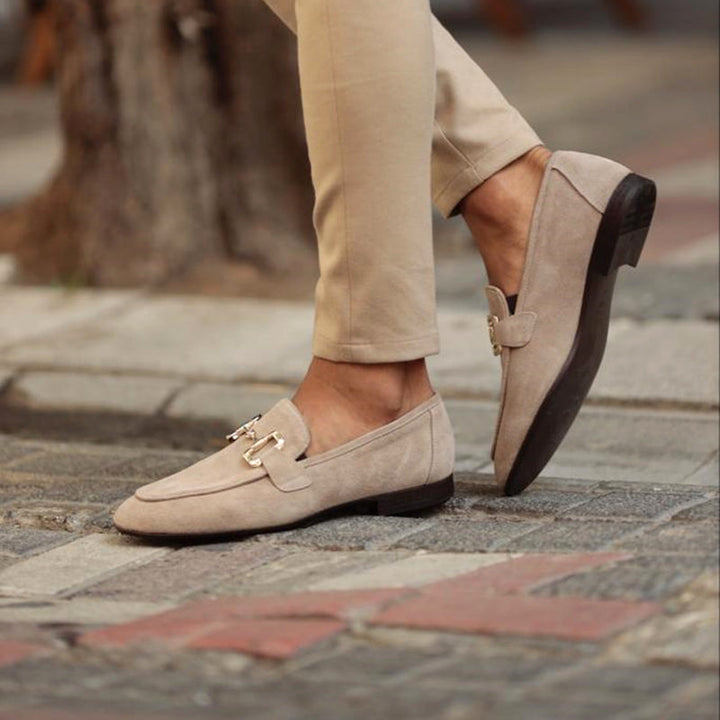 Beige suede-effect loafers with metal bar, lifestyle worn shot