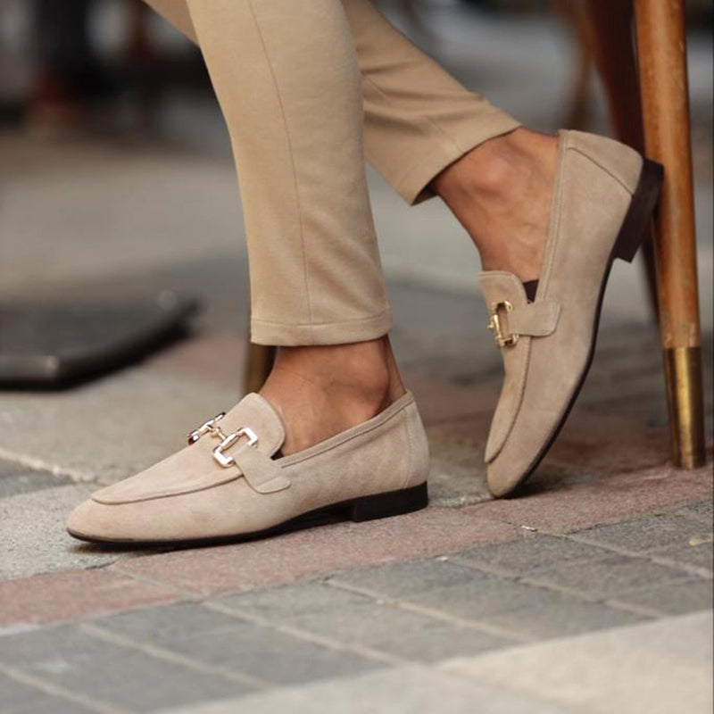Beige suede-effect loafers ankle detail