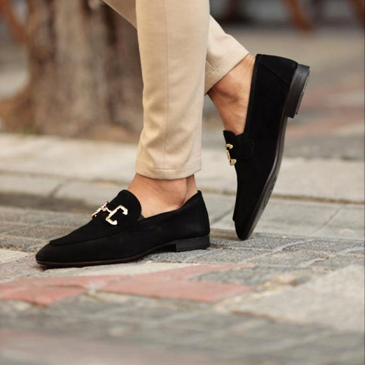Black suede-effect loafers with metal bar, lifestyle worn shot