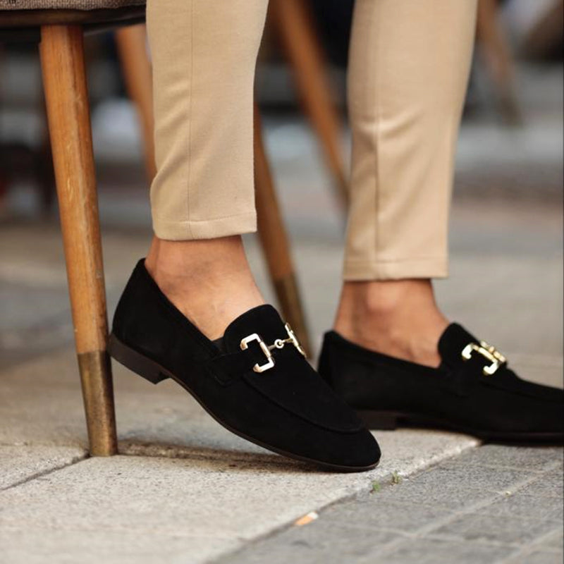 Black suede-effect loafers side view