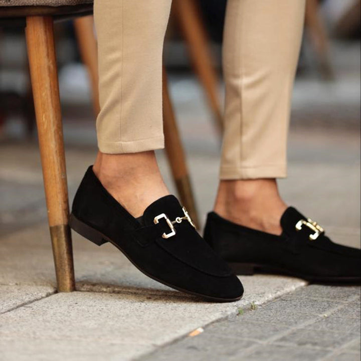 Black suede-effect loafers side view