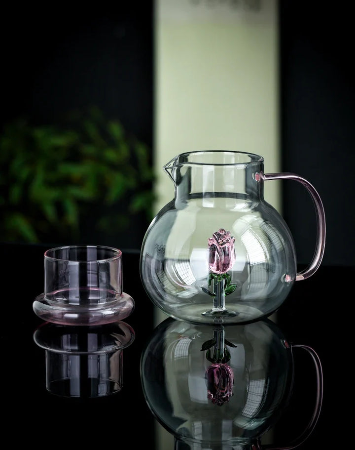 Pink Rosebud Glass Teapot pouring detail