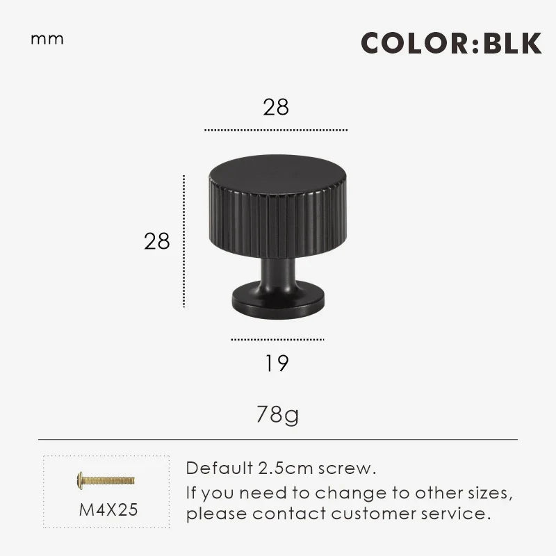 Black Fluted-Edge Brass Cabinet Knob 28mm front view