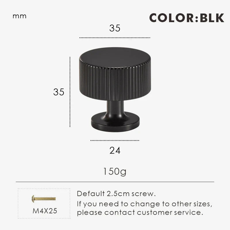 Black Fluted-Edge Brass Cabinet Knob 35mm front view
