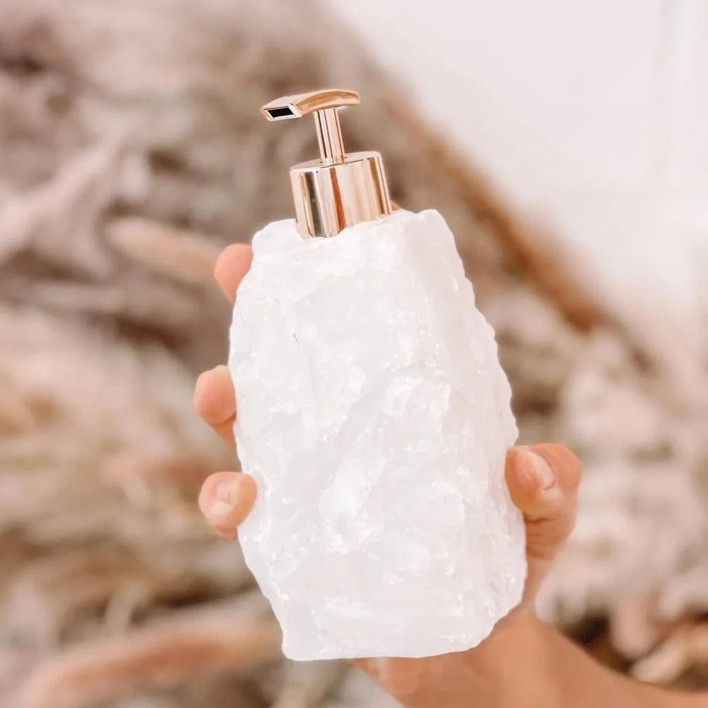 Handcrafted Quartz Crystal Soap Dispenser on vanity