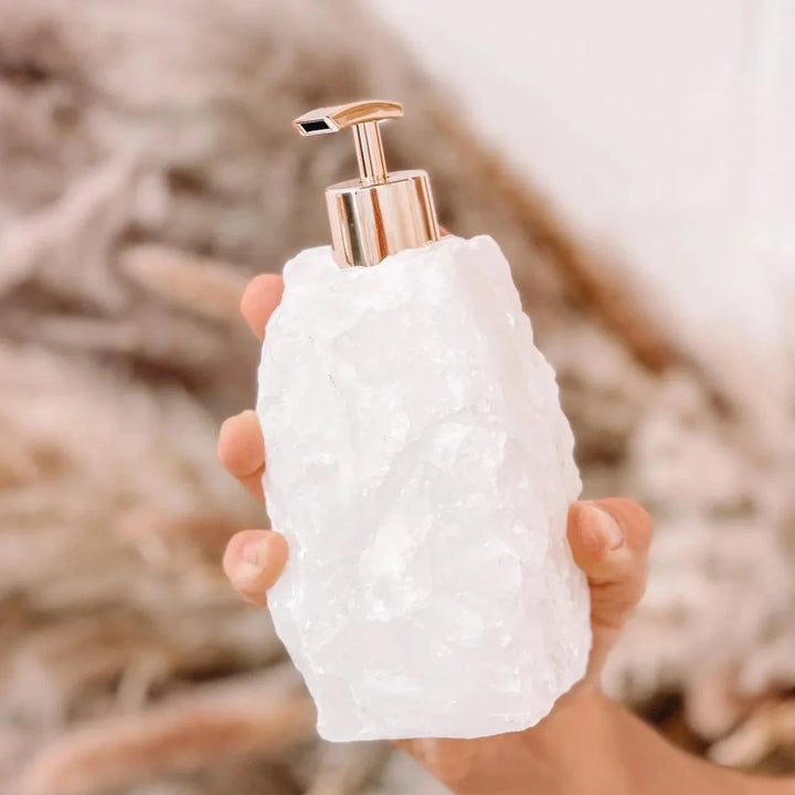Handcrafted Quartz Crystal Soap Dispenser on vanity