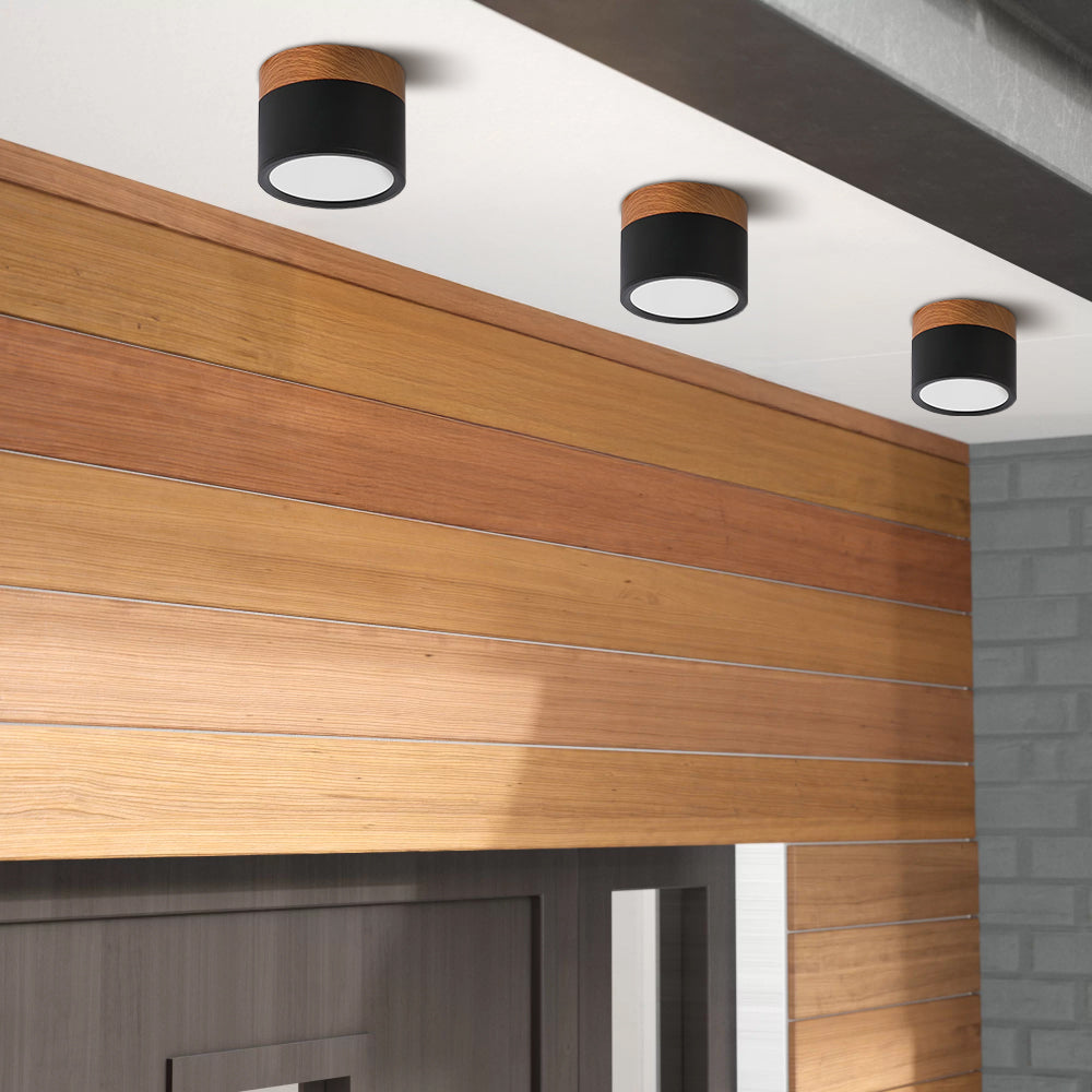 Modern Cylindrical LED Ceiling Light with Wood Accent - Dimmable Flush Mount Fixture