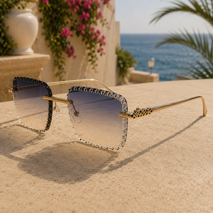 Midnight Gold Rimless Alloy Sunglasses front view