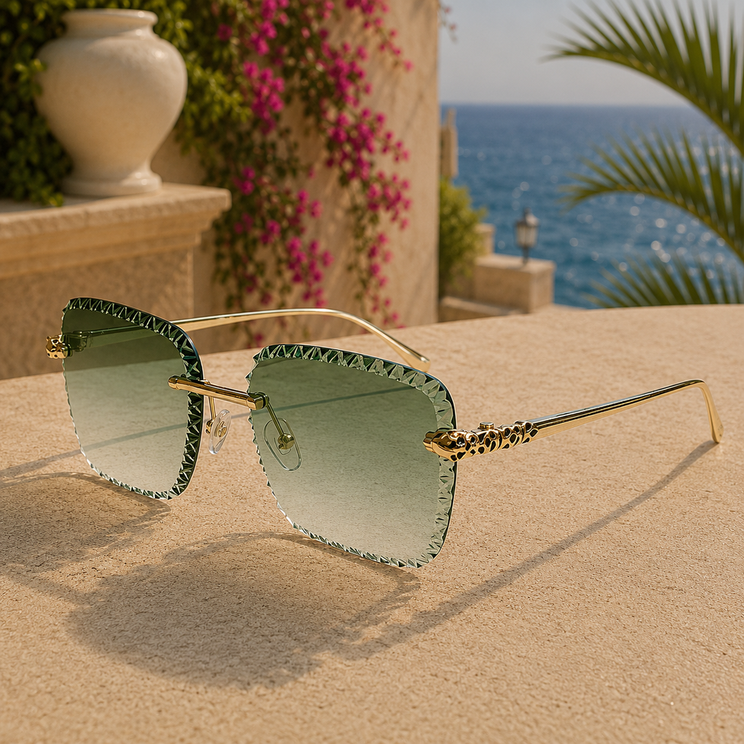 Green Rimless Alloy Sunglasses front view