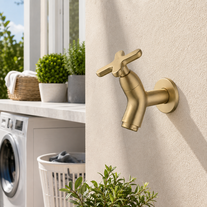 Brass Outdoor Wall Faucet mounted outdoors