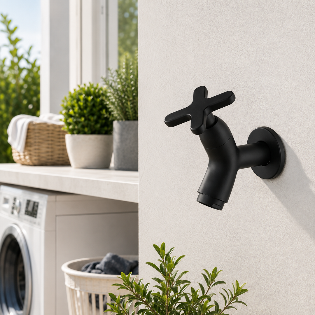 Black Brass Outdoor Wall Faucet mounted outside laundry room