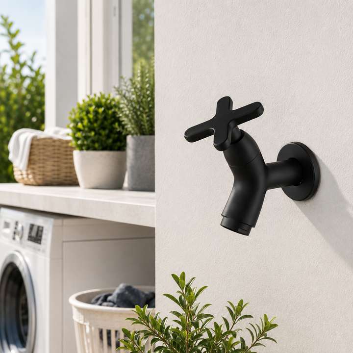 Black Brass Outdoor Wall Faucet mounted outside laundry room