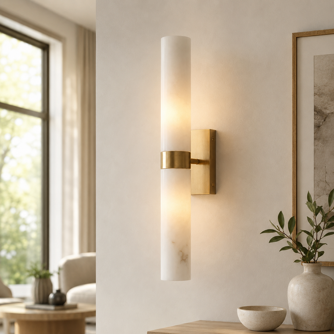 Tumbled Brass Alabaster Wall Sconce in living room