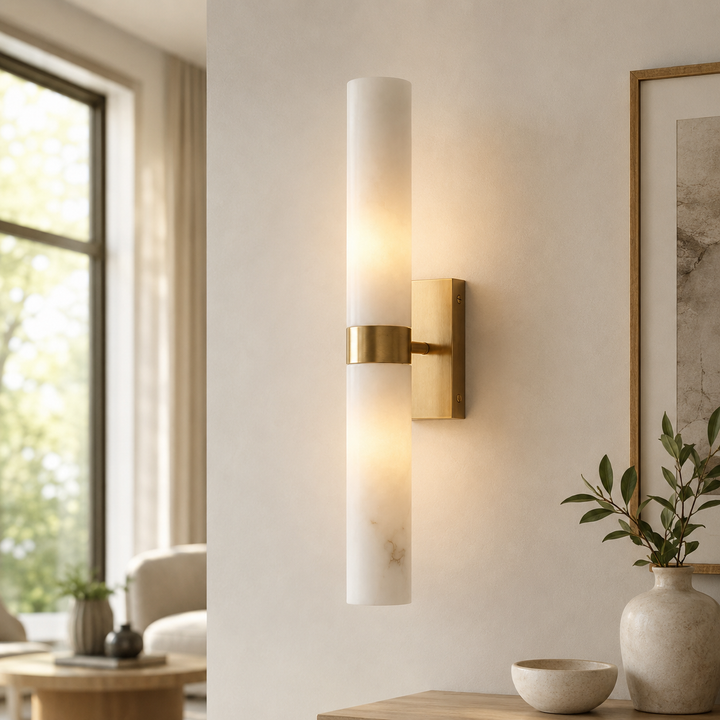Tumbled Brass Alabaster Wall Sconce in living room