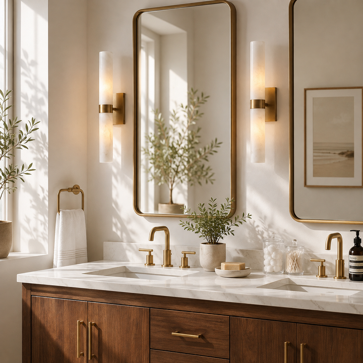 Tumbled Brass Alabaster Wall Sconce pair in bathroom