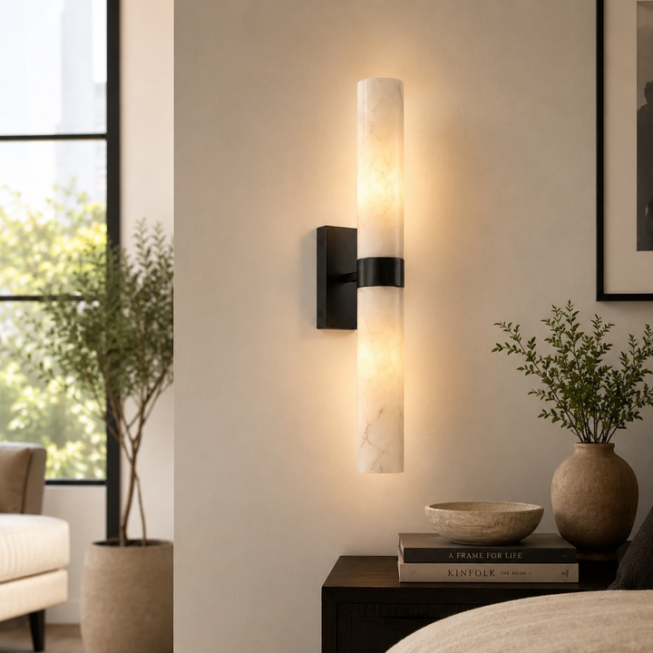 Matte Black Alabaster Wall Sconce on bedroom wall