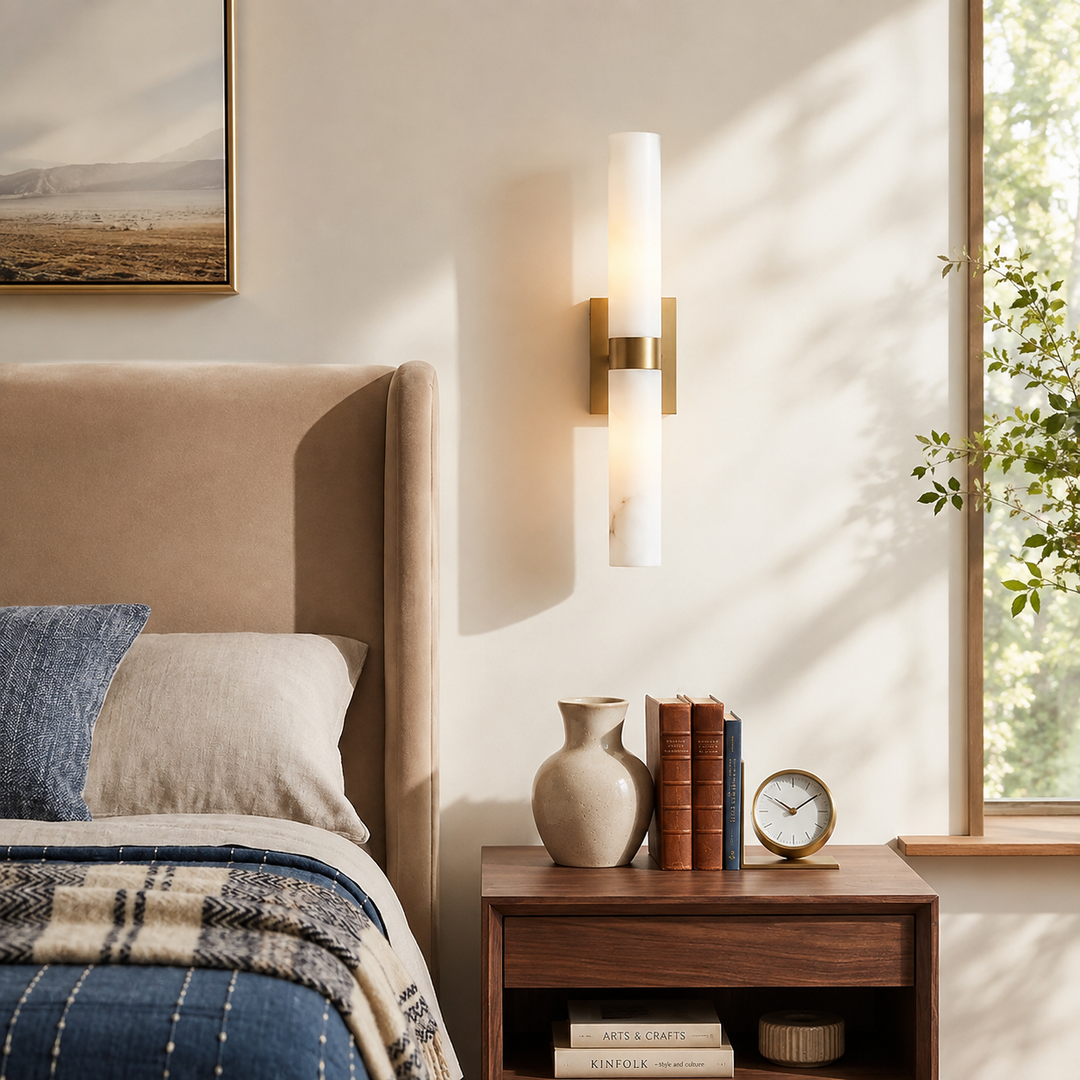 Tumbled Brass Alabaster Wall Sconce bedside lifestyle