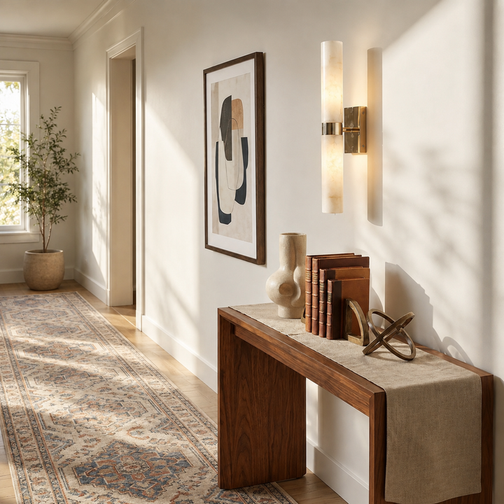 Tumbled Brass Alabaster Wall Sconce in hallway