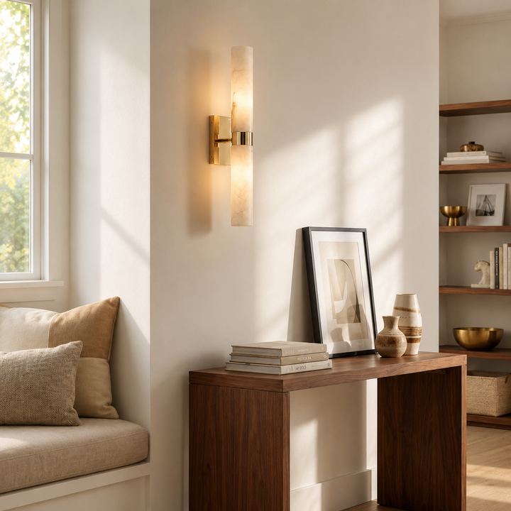 Tumbled Brass Alabaster Wall Sconce in entryway