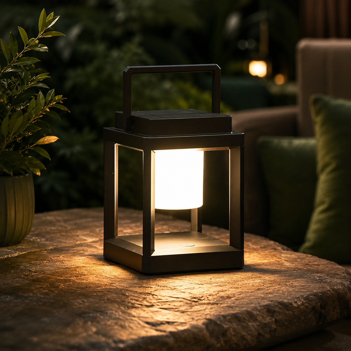 Black Solar Patio Lantern glowing on outdoor table