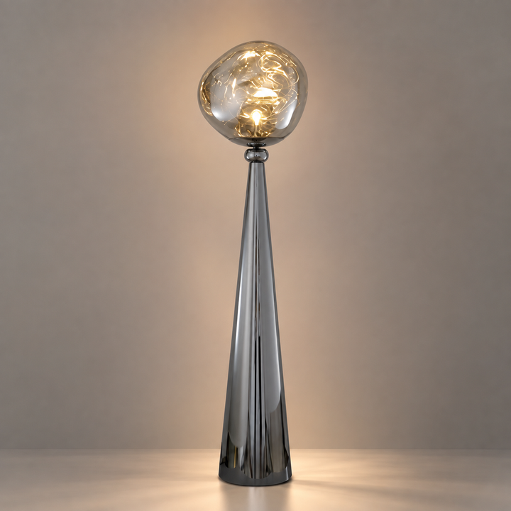 Sculptural Glass Floor Lamp, mirror-finish glass shade unlit