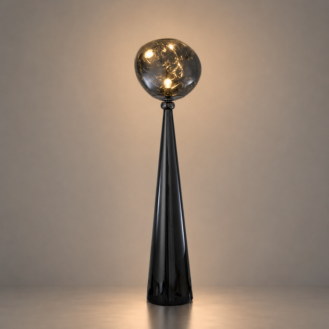 Sculptural Glass Floor Lamp illuminated, warm ambient glow