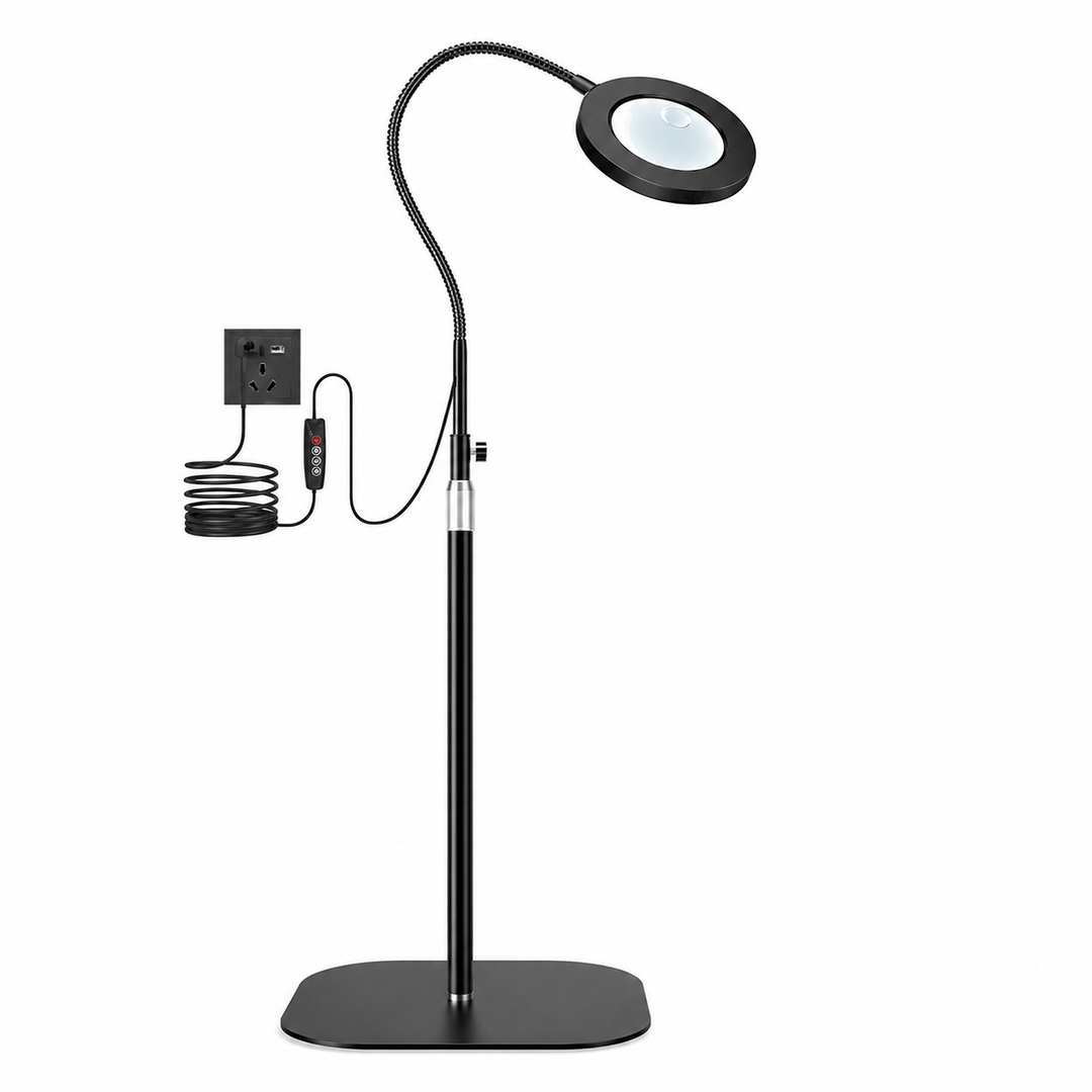 Black LED Magnifying Lamp floor stand with power outlet