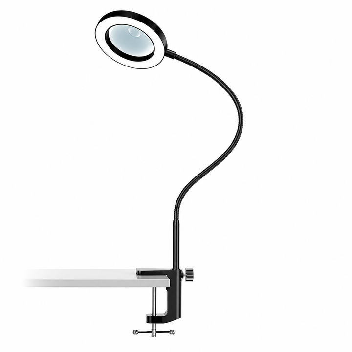 Black LED Magnifying Lamp clamped to desk edge