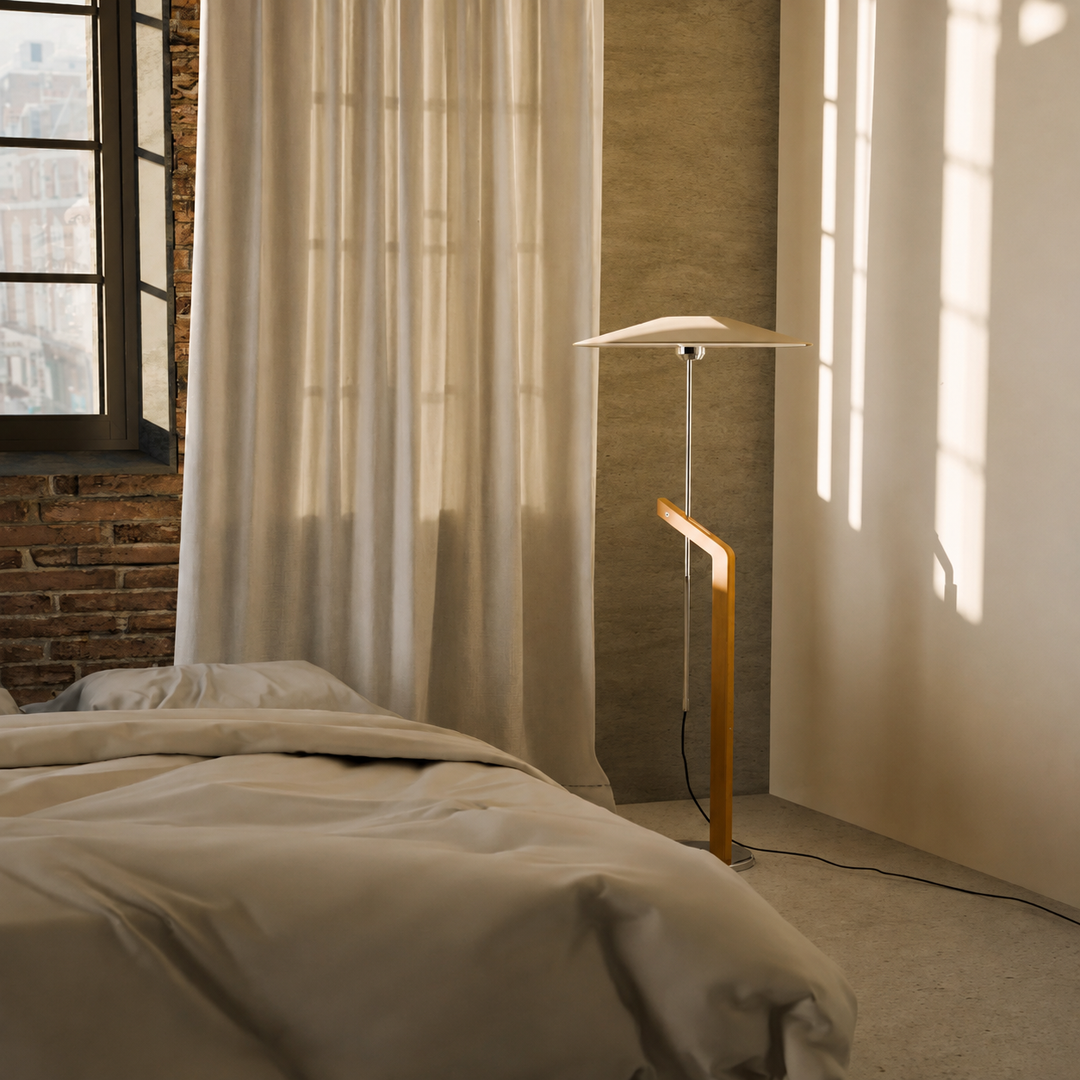 Adjustable Walnut Linen Floor Lamp bedroom lifestyle