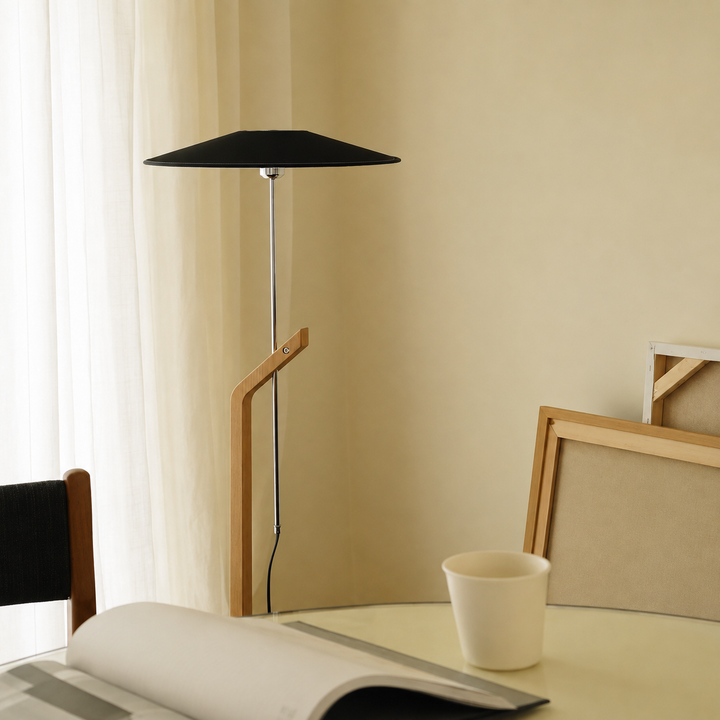 Adjustable Walnut Linen Floor Lamp living room lifestyle