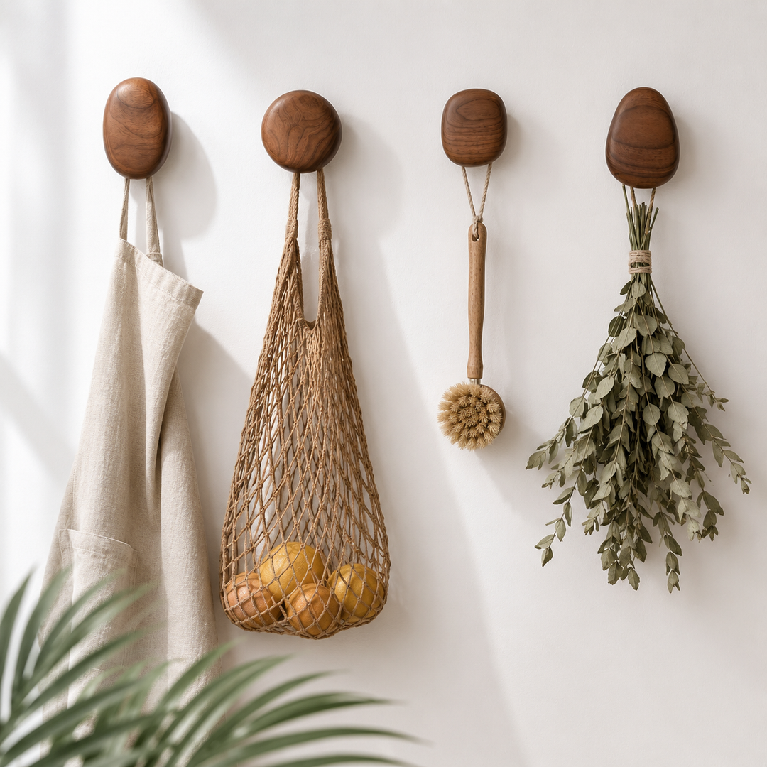 Walnut Wood Pebble-Shaped Wall Hooks lifestyle with hanging bag and towel
