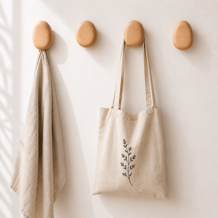 Beech Wood Pebble-Shaped Wall Hooks lifestyle with tote bag and towel