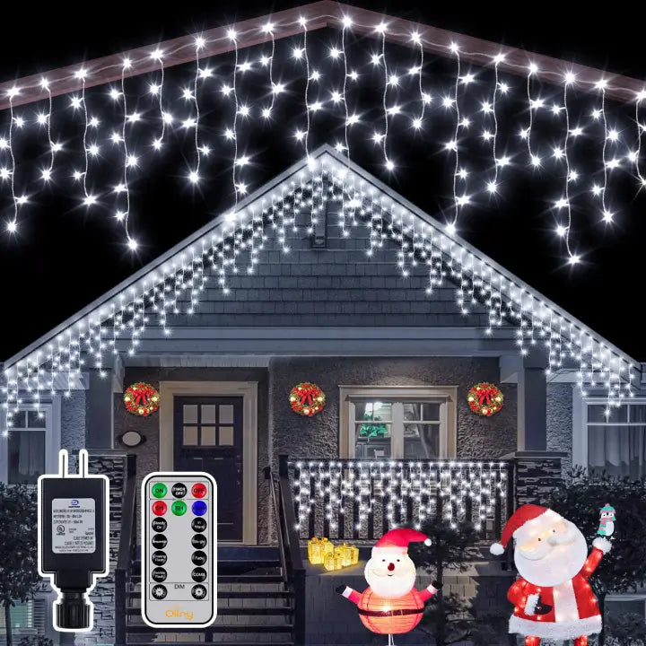 Cool White Icicle Lights hanging on rooftop