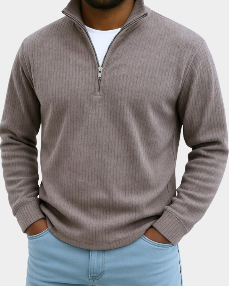 Gray Ribbed Half-Zip Knit Sweater front detail