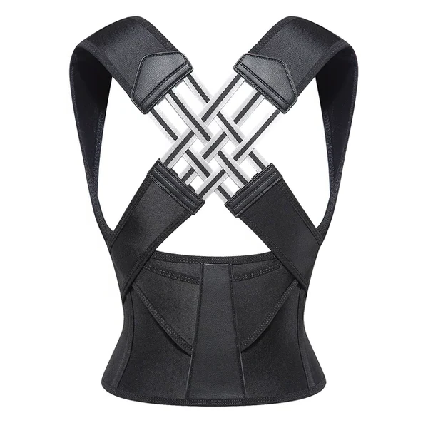Black Adjustable Posture Support Brace back view on white background