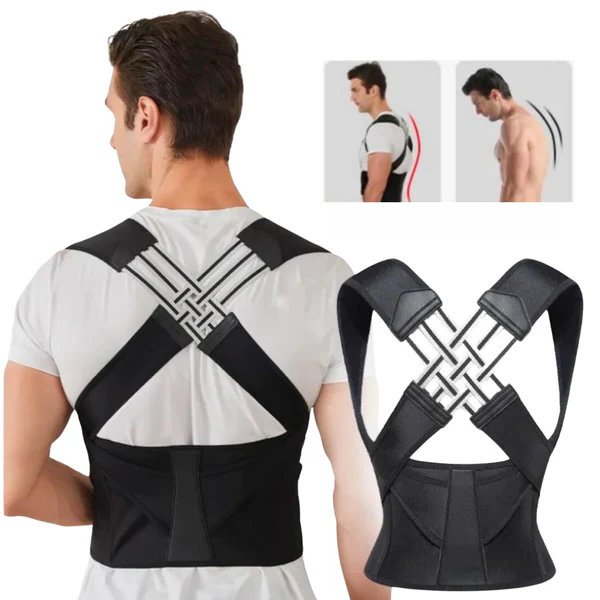 Black Adjustable Posture Support Brace worn lifestyle with before and after posture comparison