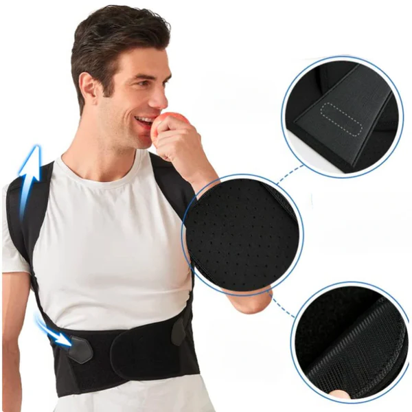 Black Adjustable Posture Support Brace worn lifestyle with fabric and strap detail callouts
