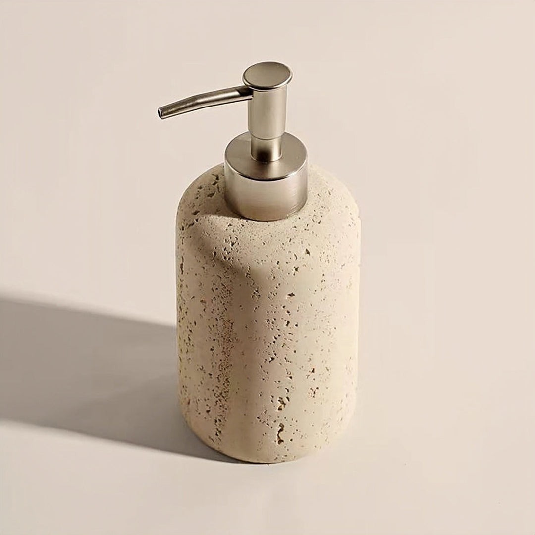Travertine Bathroom Accessory Set styled on vanity