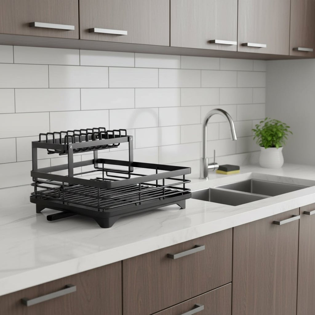 Black Foldable Stainless Steel Drying Rack folded flat