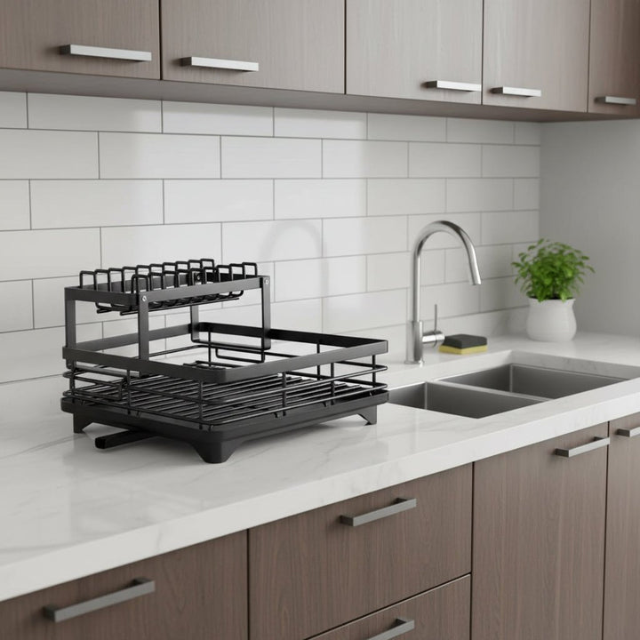 Black Foldable Stainless Steel Drying Rack folded flat