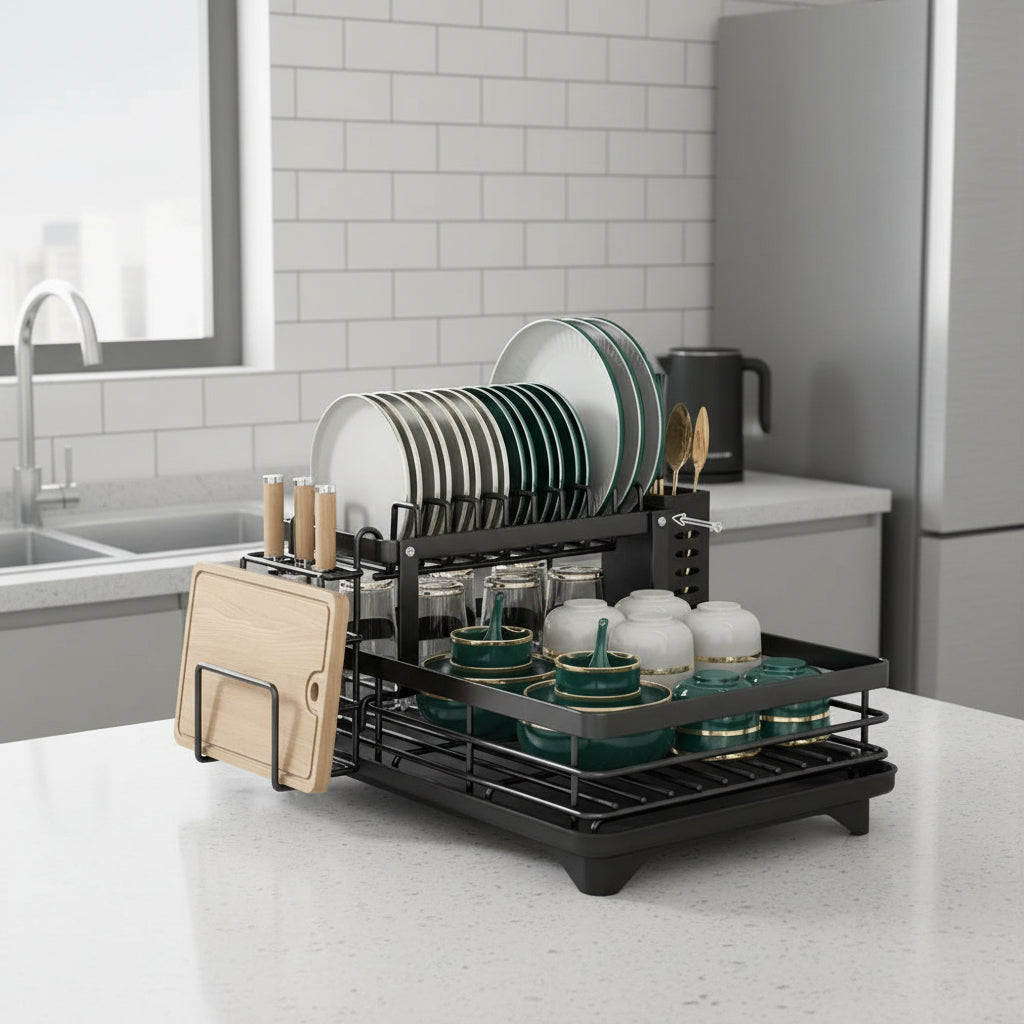 Black Foldable Stainless Steel Drying Rack in use