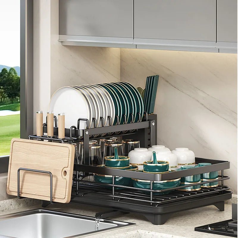Black Foldable Stainless Steel Drying Rack on countertop