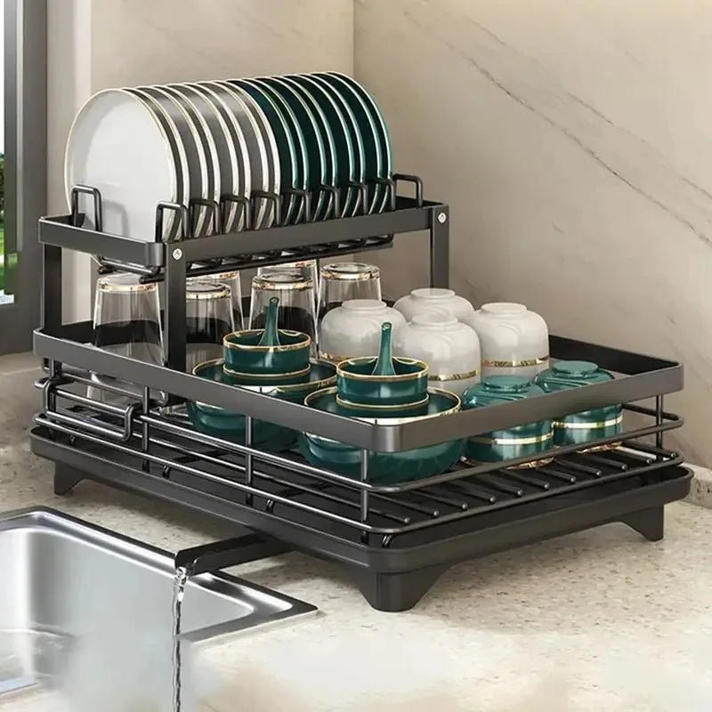 White Foldable Stainless Steel Drying Rack with dishes