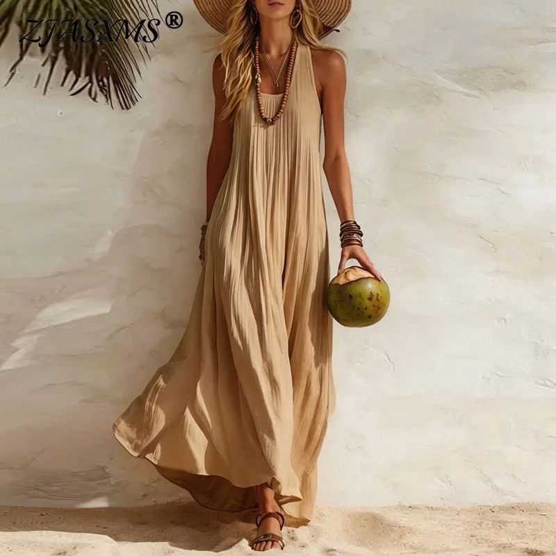 Khaki Flowy U-Neck Boho Maxi Dress worn lifestyle alternate